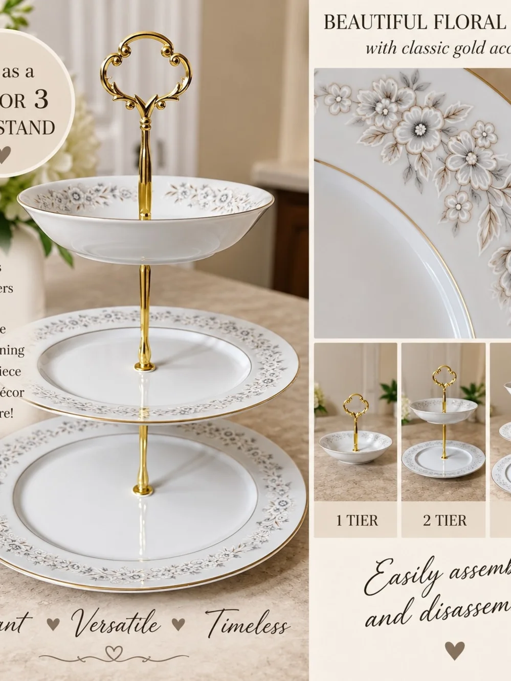 Elegant 3-Tier Gold and White Vintage Porcelain Serving Stand